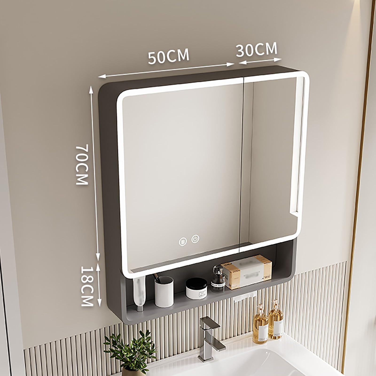 Mobiletto Bagno Specchio, Armadietto Bagno In Alluminio Con Antiappannamento, Mobiletto Da Parete In Legno Massello Con Luce A LED, Mobili Da Contenitore Oscuramento(White,80CM/31.4IN)