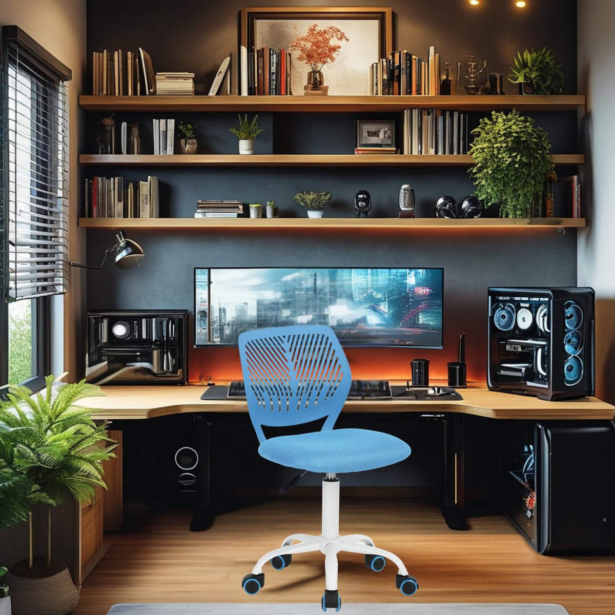 FurnitureR Silla de Trabajo para Adolescentes y niñas, giratoria de 360 Grados, Baja y Media de Malla de Polipropileno, Asiento Trasero de Tela, Altura Ajustable, Ruedas rodantes, Tela Azul