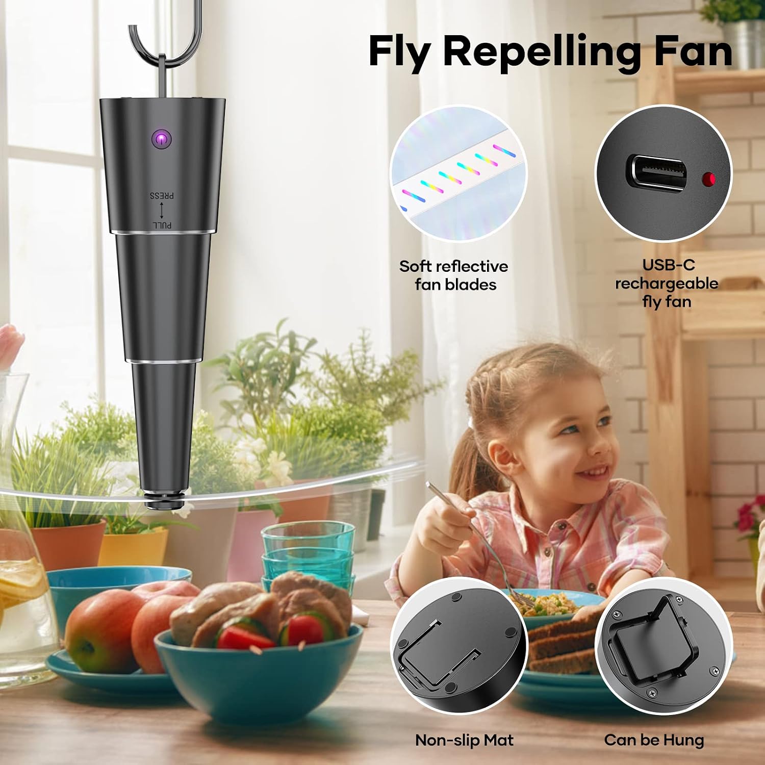 Grarg Fly Fan for Tables, Rechargeable Fly Repellent Fan, Keep Files Away for Indoor/Outdoor, Table Top Bug Fan with 3 Height Retractable & Speed Adjustment, Food Fan for Picnic, BBQ, Travel (4 PCS)