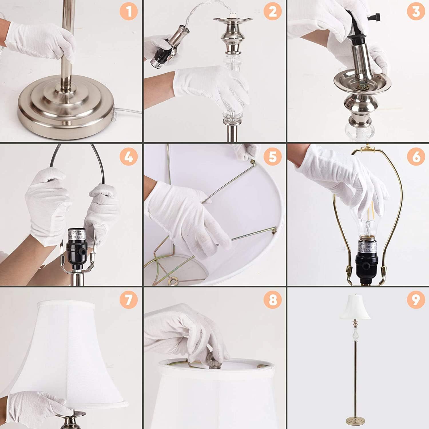 Suреr Sаlе 🛒 Three Pack Lamp Set of 3 for Bedroom Living Room Decoration, White 3 Lamp Set of 2 Table Lamps 1 Floor Lamp with Faux Silky Bell Lamp Shade Glass Décor, Vintage Style 3 Piece Lamps for Sweet Cozy Home