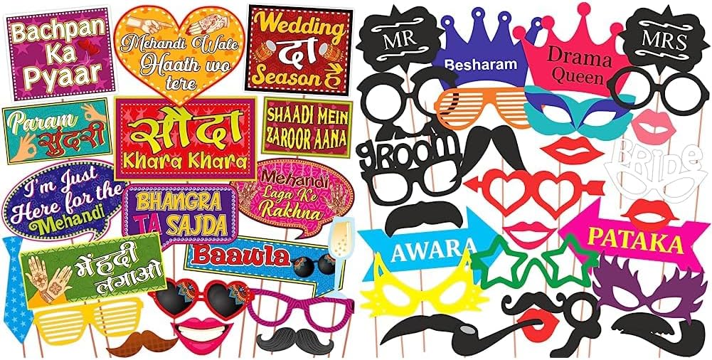 WOBBOX Mehndi Decoration Sangeet Night Party Props, Bollywood New Dialogue Multi Colour, Decoration Items (19 Pcs) & Photo Booth Party Props - 31 Piece DIY Kit