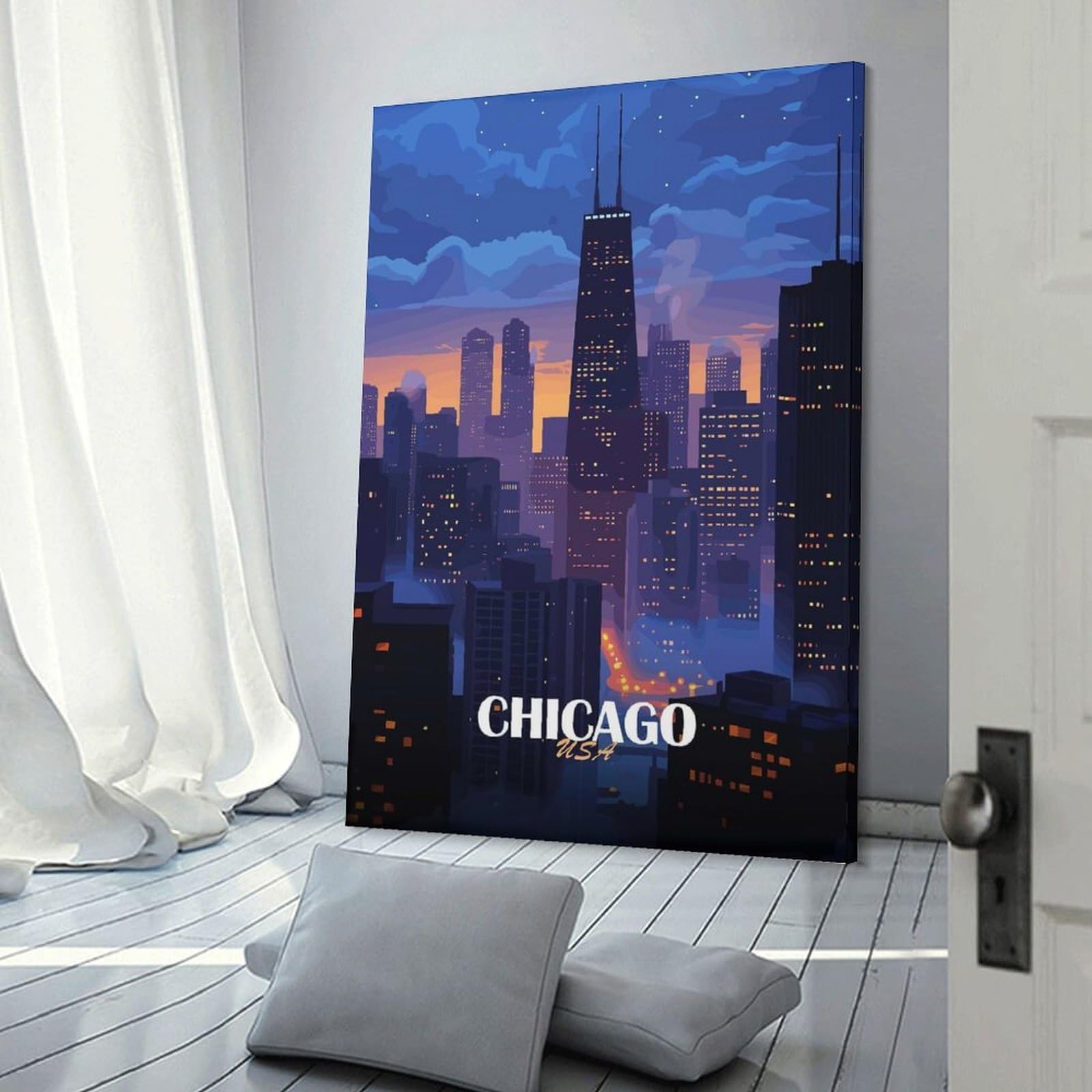 Junmoney Chicago Cityscape at Dusk Room Decor Wall Art 24x36inch(60x90cm), for Entrance Spaces, Stair Walls Or Halls, A Neat Decor Update for Hallways
