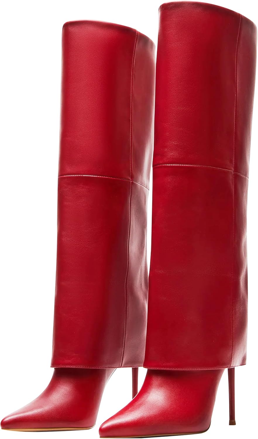 KaroNairy Women’s Knee High Boots, Fold Over Tall High Heel Boots Stiletto Pointed Toe Fashion Dress Boots for Fall Winter