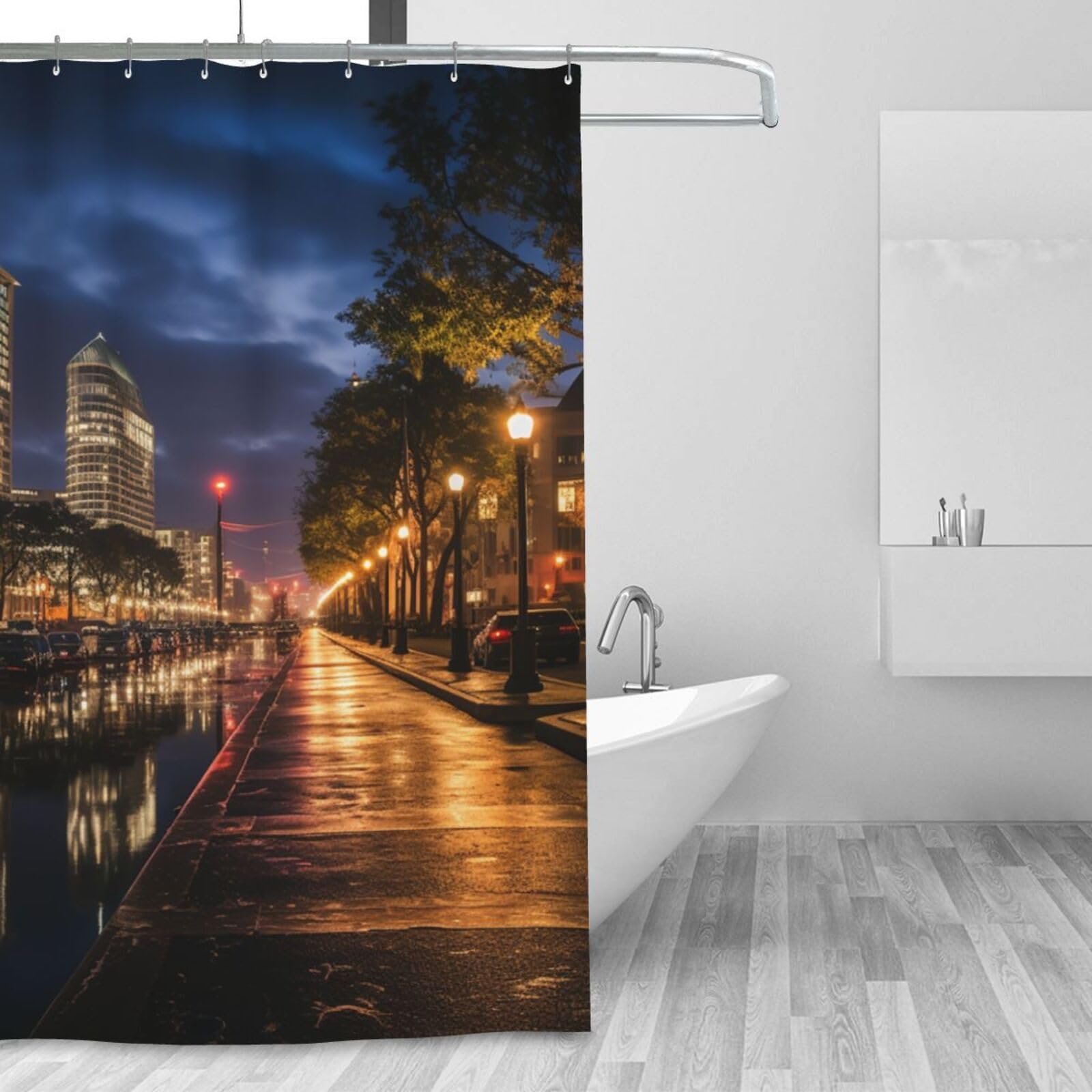 Rideau de douche imperméable Portland la nuit lavable avec 12 crochets