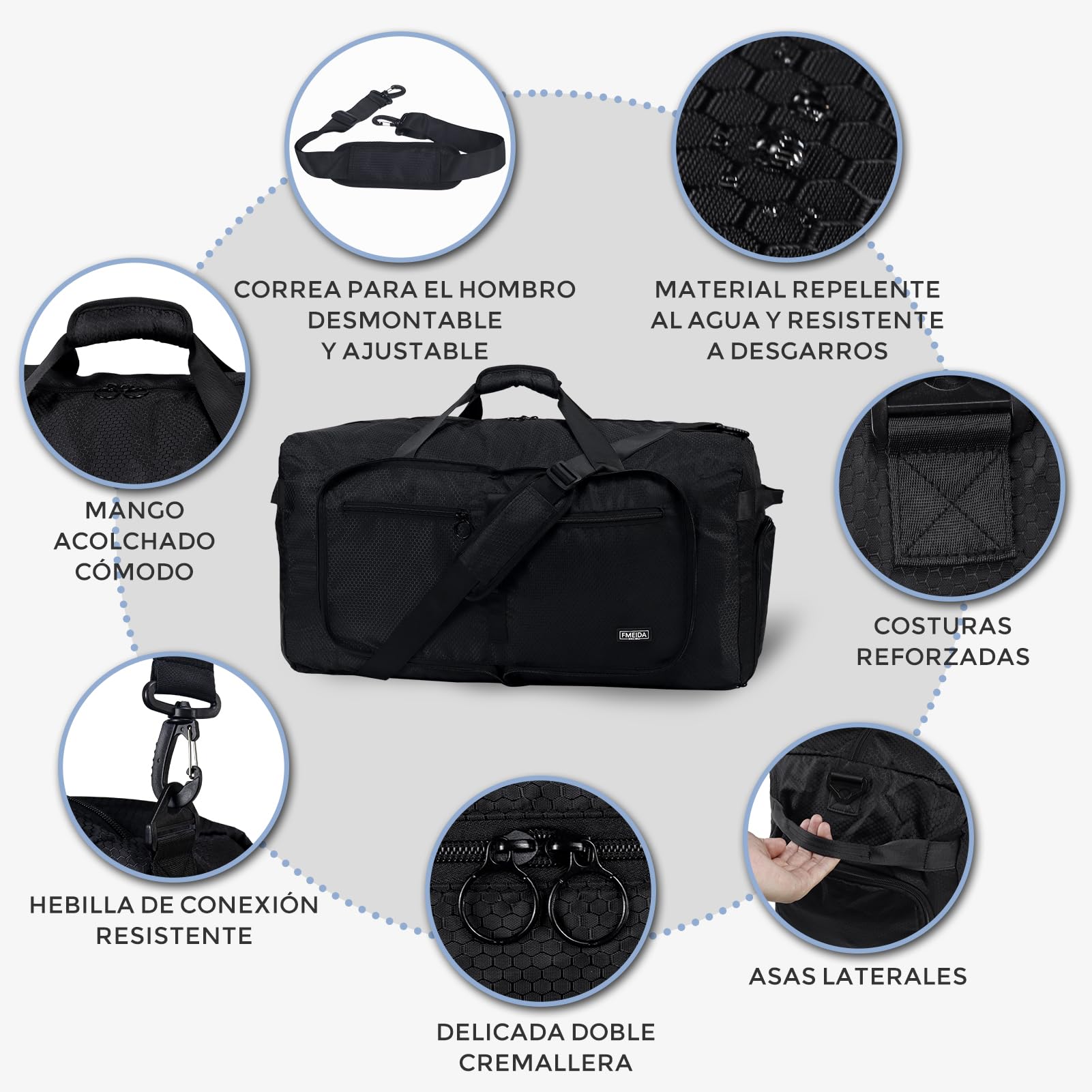 Fmeida Bolsa de Viaje Grande 65L con Compartimento para Zapatos, Plegable Bolsa Viaje Impermeable Ligera Bolsas de Viaje para Hombre y Mujer - Negro