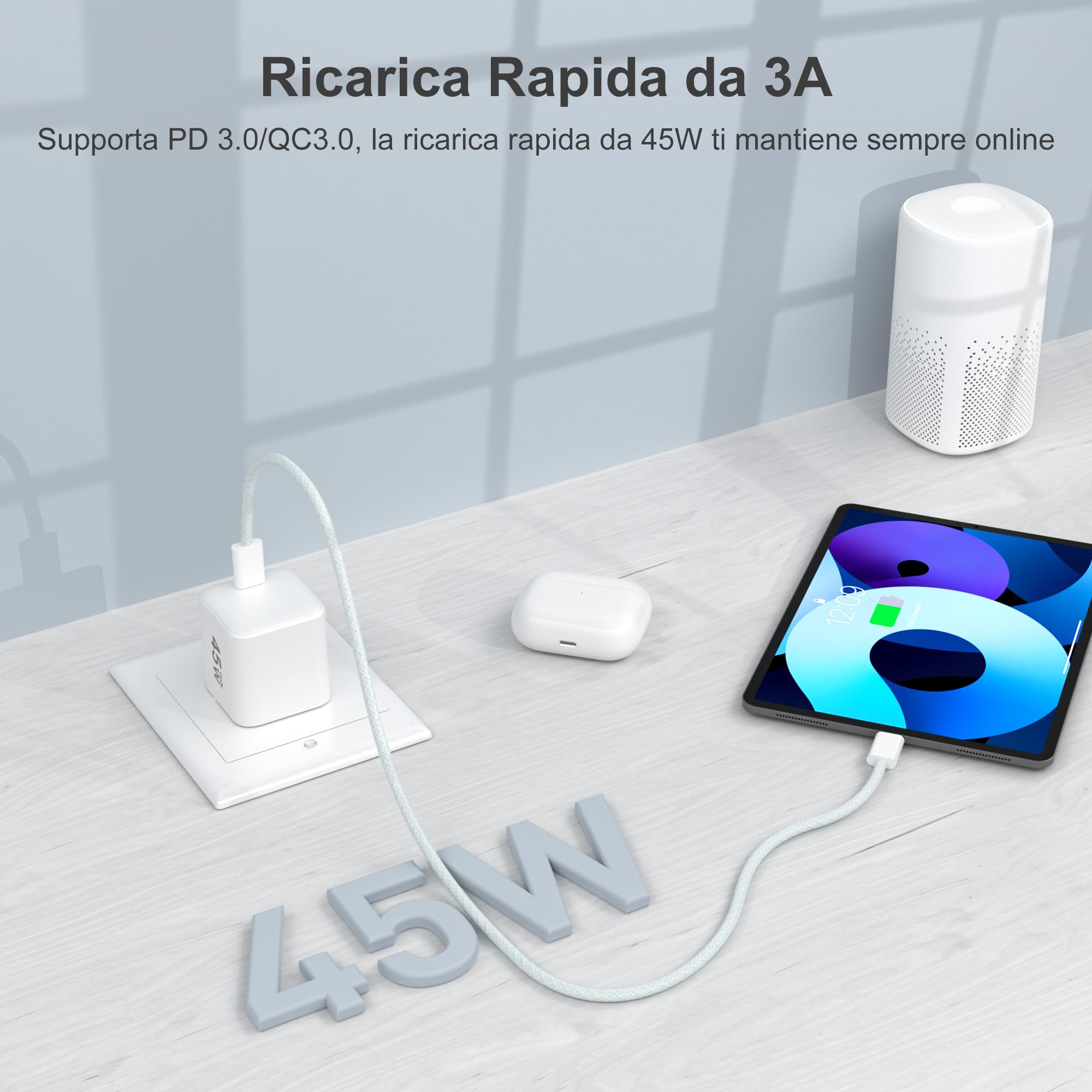 YISH 45W Caricatore USB C Rapido GaN：PD3.0 Caricabatterie USB C Alimentatore Compatto Presa Compatibile con iPhone 17 16 15 Samsung S25 S24 Spina Tipo C Carica Batterie Cellulare con 60W Cavo USBC 1M - 3