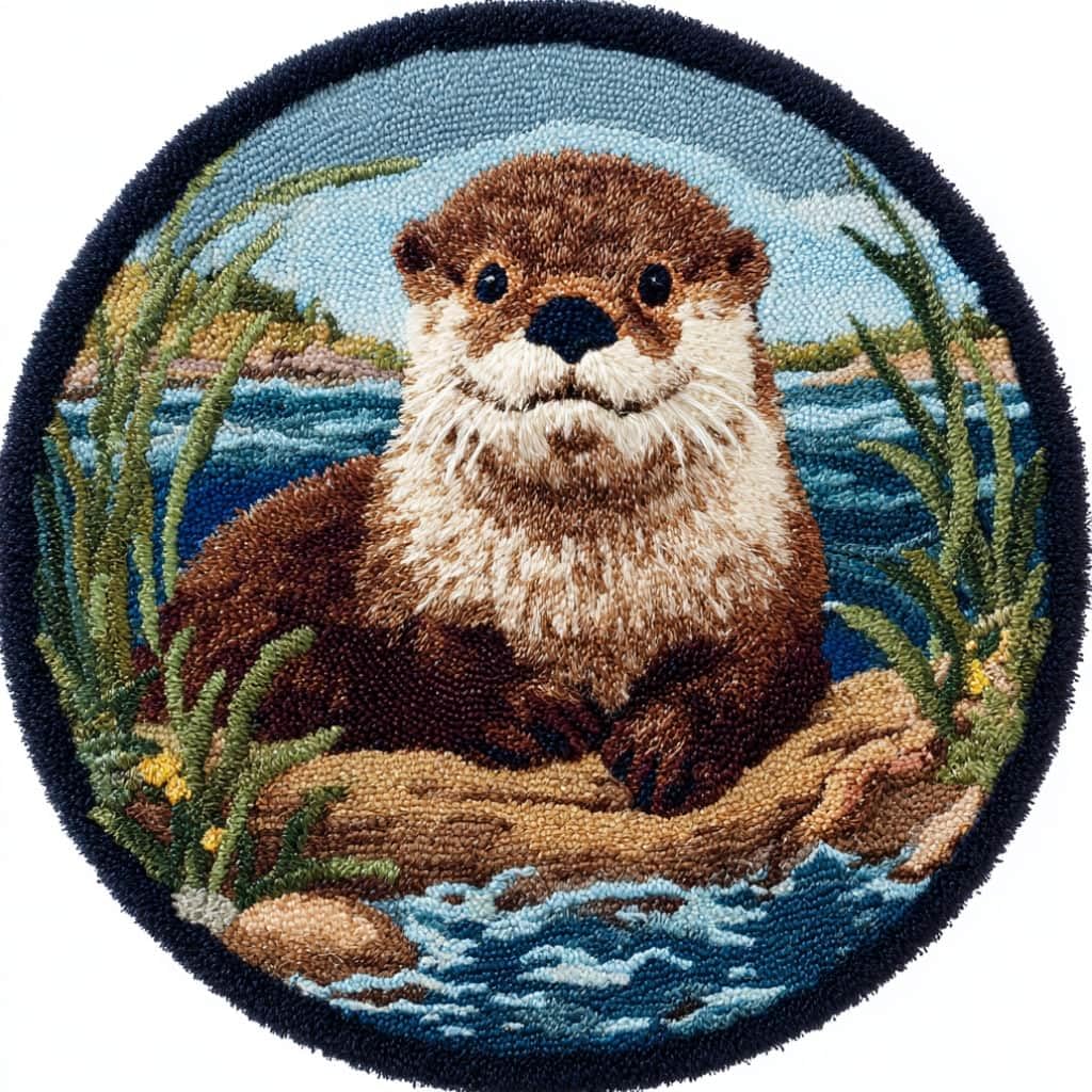 kitphoenix Round DIY Latch Hook Rug Kits Otter 20X20Inch (50X50Cm) Easy for Beginners Round Carpet Crochet Yarn Craft Large Rug Hook and Latch Tapestry for Home Decor