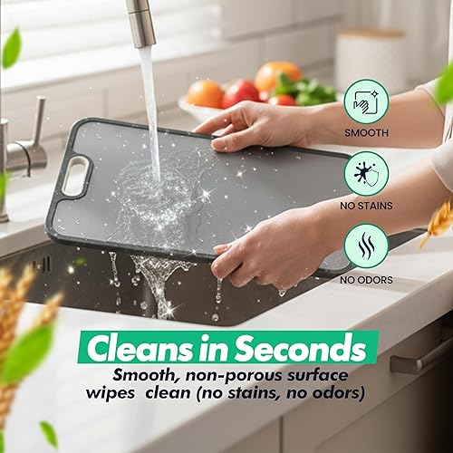 Miniatura 3 de Tabla de cortar de titanio de cocina de 16 x 11 pulgadas, tabla de doble cara con superficie de titanio y fibra de trigo, no porosa, fácil de