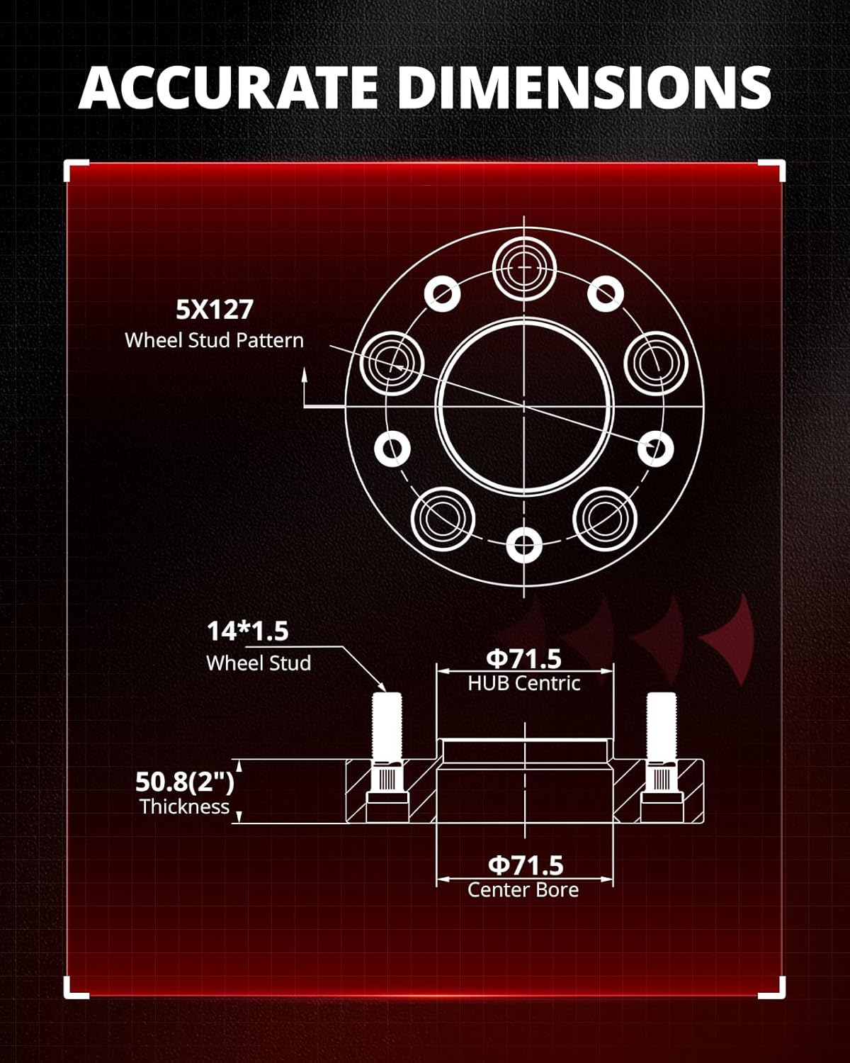 EVIL ENERGY 5x5 Wheel Spacers 2 inch Compatible with Jeep Grand Cherokee 2011-2023, 5x127 mm Hubcentric with Lip 5 Lugs 71.5 mm Hub Bore M14x1.5 Studs Wheel Spacers Black