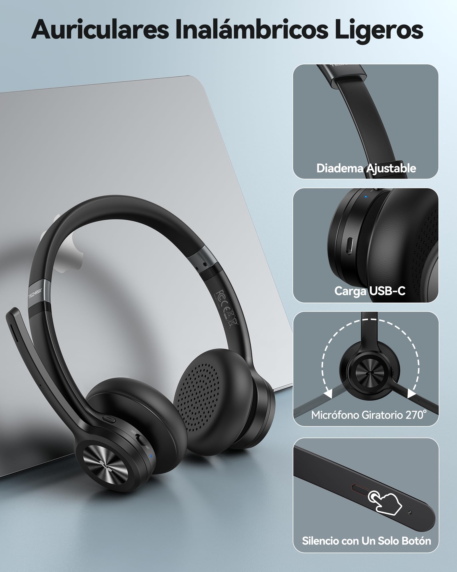 TechRise V5.2 Auriculares Inalámbricos Bluetooth Diadema con Micrófono USB Dongle, Cascos Cancelación de Ruido con Tecla de Silencio – 50 Horas de autonomía on Ear para callcenter y Oficina – Negro