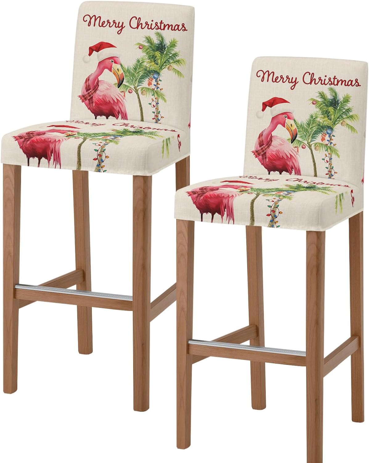 Christmas Flamingos Bar Stool Covers - Stretch Dining Chair Covers Set of 2, Xmas Balls Tree Rustic Bar Chair Covers Removable Counter Stool Pub Chair Slipcovers Protectors for Kitchen/Cafe