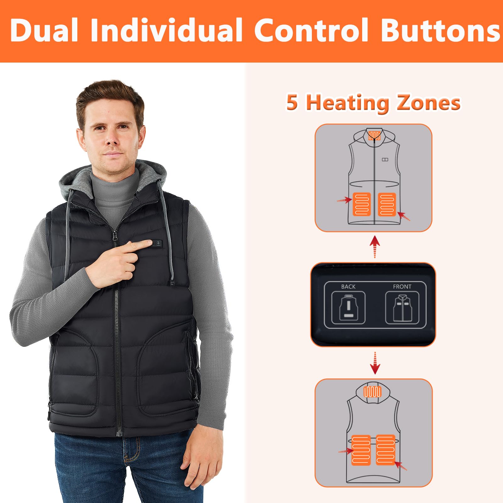 Mincoo Gilet Riscaldato Uomo: Gilet Riscaldante con Batteria 16000mAh -Giubbotto Riscaldante con Cappello Staccabile - per Escursionismo all'aperto Caccia