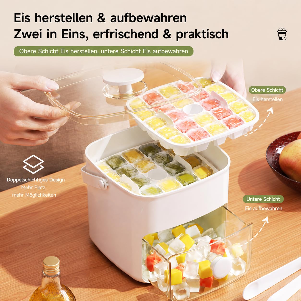 Tragbarer EiswüRfelbereiter Mit Deckel & Aufbewahrungsbox, 48 EiswüRfel, Behalter, Doppellagig, Schnelleis Mit Nureinemknopfdruck, FüR Camping, Roadtrips Oder Gartenpartys (Blau+Isoliertasche)