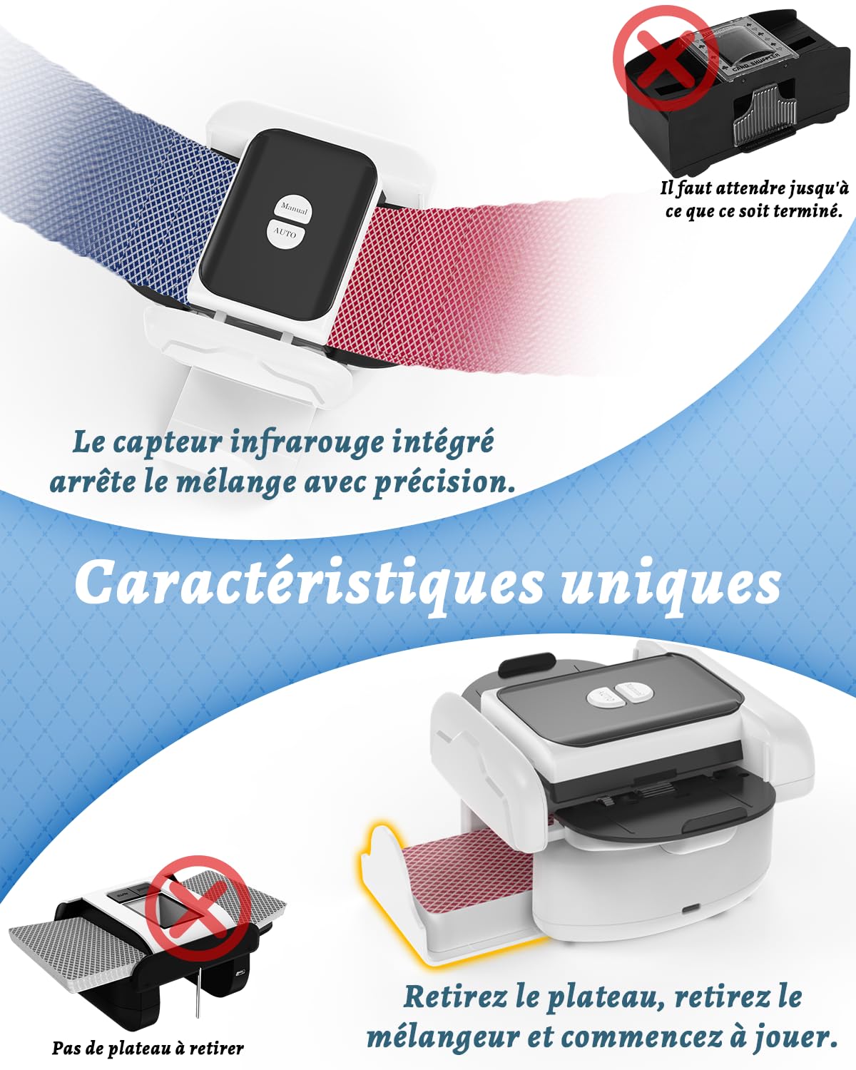 Holiky Mélangeur de Cartes Automatique, Mode Auto/Manuel, Portable et Rechargeable 2600 mAh, Silencieux, Compatible avec UNO, Poker, Blackjack, Skip-Bo