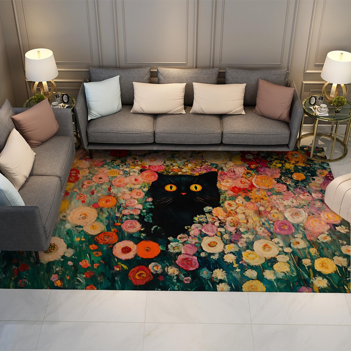 Tapis de salon chat et fleurs noires 140x200 cm antidérapant