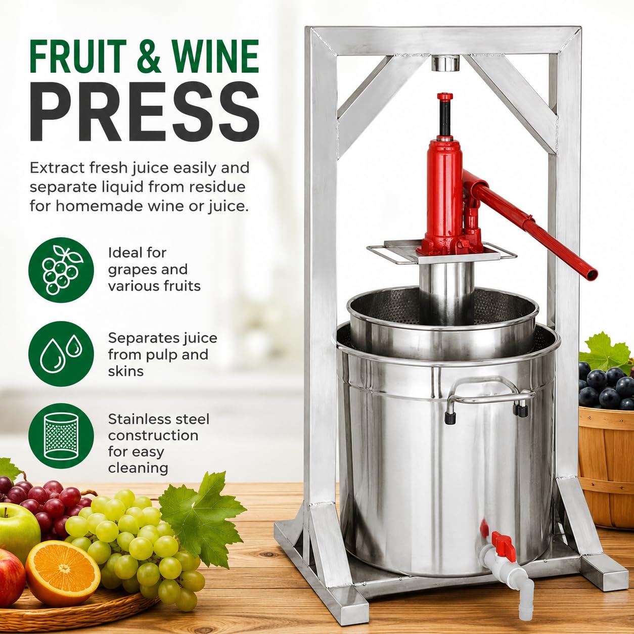 Manuelle Hydraulische Obstpresse aus Edelstahl für Apfelwein und Wein, effizientes Entsaftwerkzeug, ideal für den Heimgebrauch, 12L, 22L, 36L
