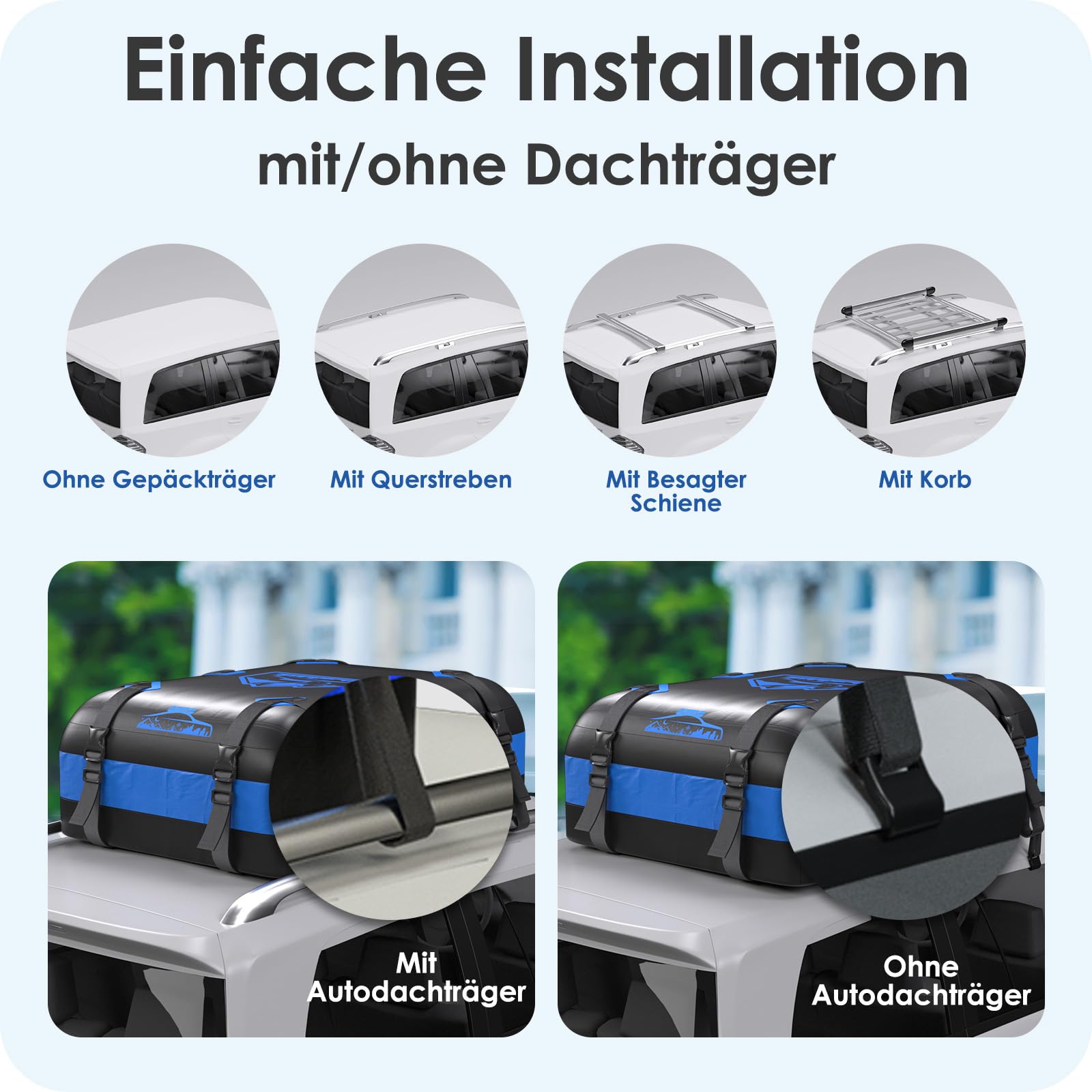 Dachbox Faltbar 20 Cubic/566 L, 700D Wasserdicht Dachbox Auto, Dachbox mit Anti-Rutsch-Matte und 10 Schwerlastgurten, Faltbare Weich Dachtasche Auto für Autos mit/ohne Gepäckträger(Blau)