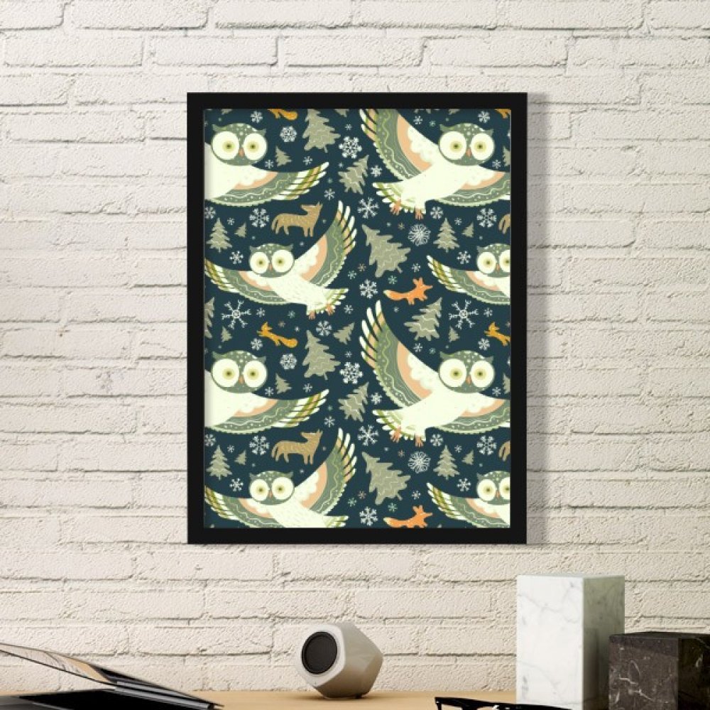 Cadre photo hiboux foncé motifs floraux simples de taille S pour impression murale salon