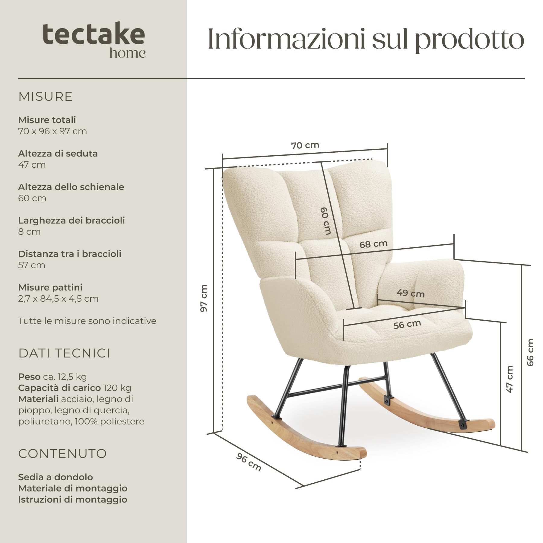tectake® Sedia A Dondolo, Imbottitura in Gommapiuma, Motivo Trapuntato, Schienale Alto, Braccioli Larghi, Telaio in Acciaio, Pattini In Legno Massiccio, Design Moderno - Beige