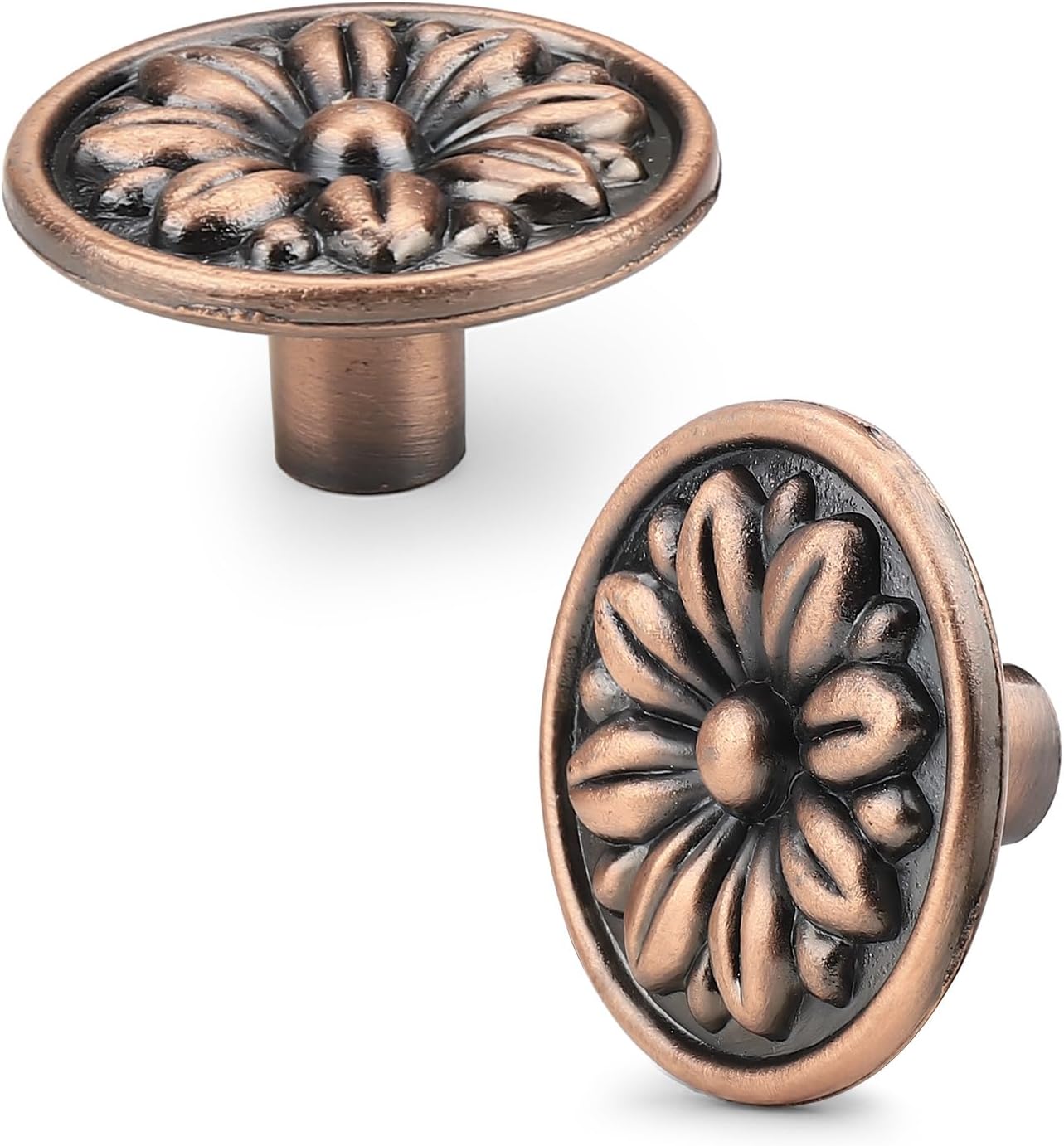 Single Hole Antique Copper Solid Zinc Alloy Cabinet Handles (8 Pack) | Floral Embossed Kitchen Drawer Pulls, Cabinet Hardware for Dressers & Cabinets