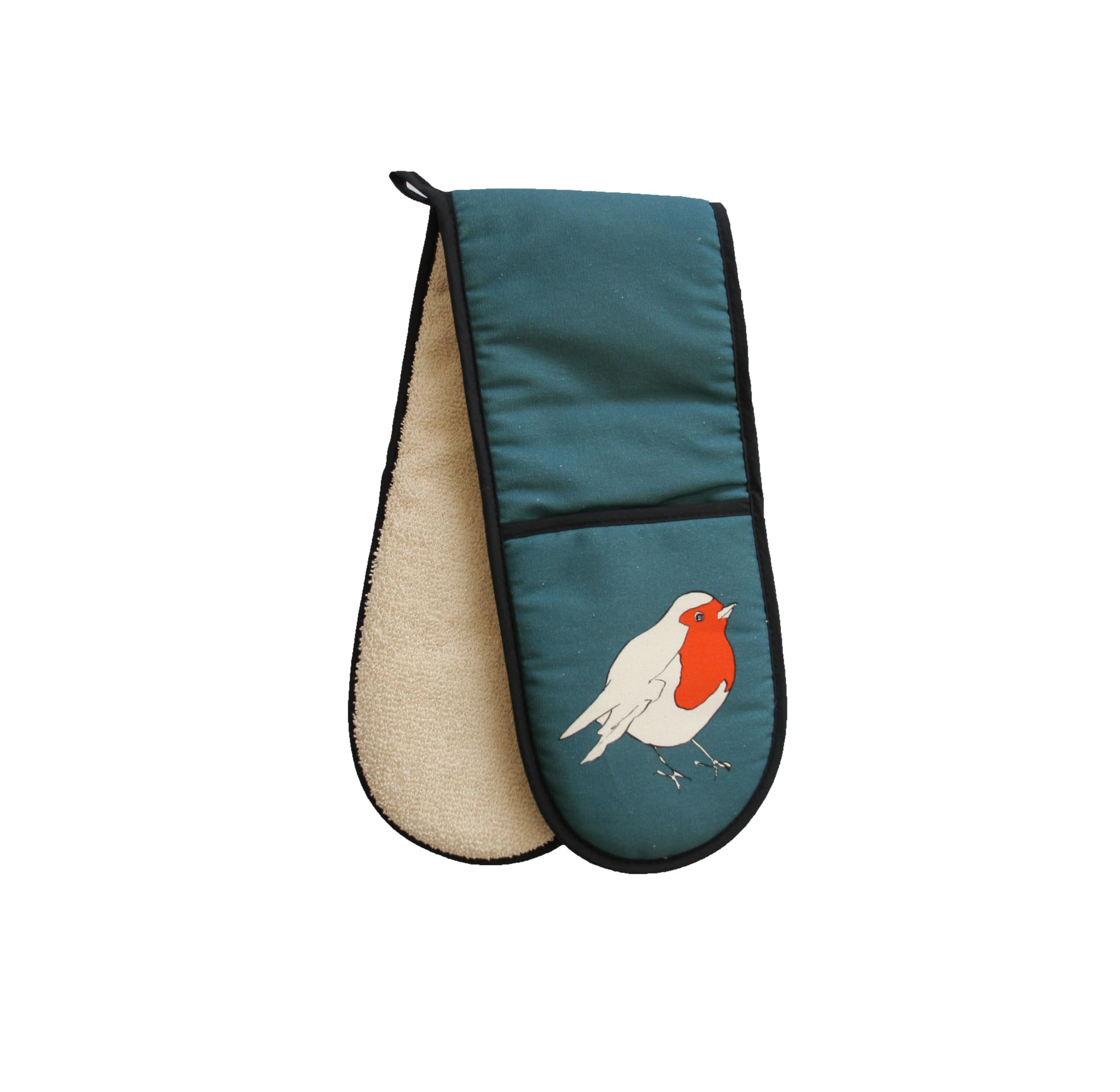 Cluck Cluck Robin Double Oven Gloves in blue with robin design Terry towelling underside