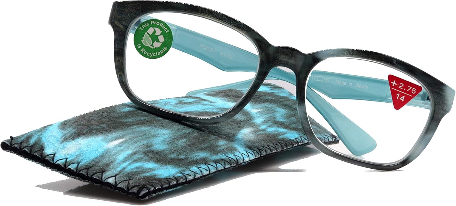 Coral, Premium Reading Glasses, High End Readers +1.25 to +3. Magnifying Glasses, Blue Rectangular Style. Optical Frame. NY Fifth Avenue.