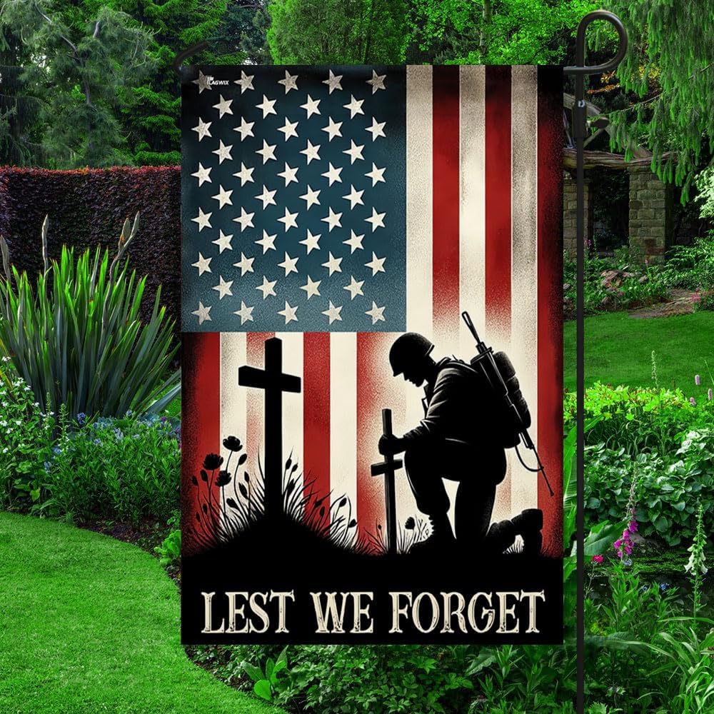 American Flag-Veteran Kneeling Soldier The Cross Lest We Forget Flag MLN2454F, Garden Flag (11.5" x 17.5")-USA Flags Premium Polyester-Decorative Indoor Outdoor Flag