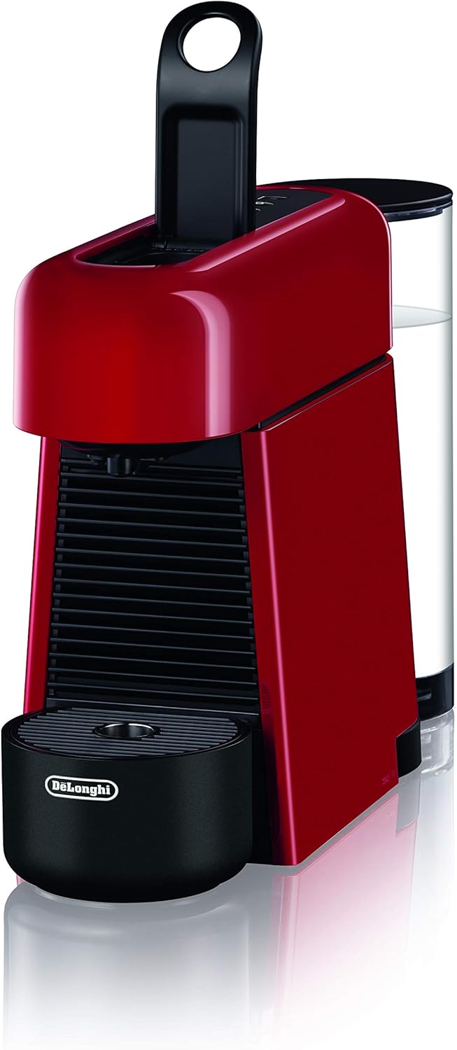 De'Longhi Nespresso Essenza Plus EN200.R coffee machine in red, angled view showing the water tank on the side.