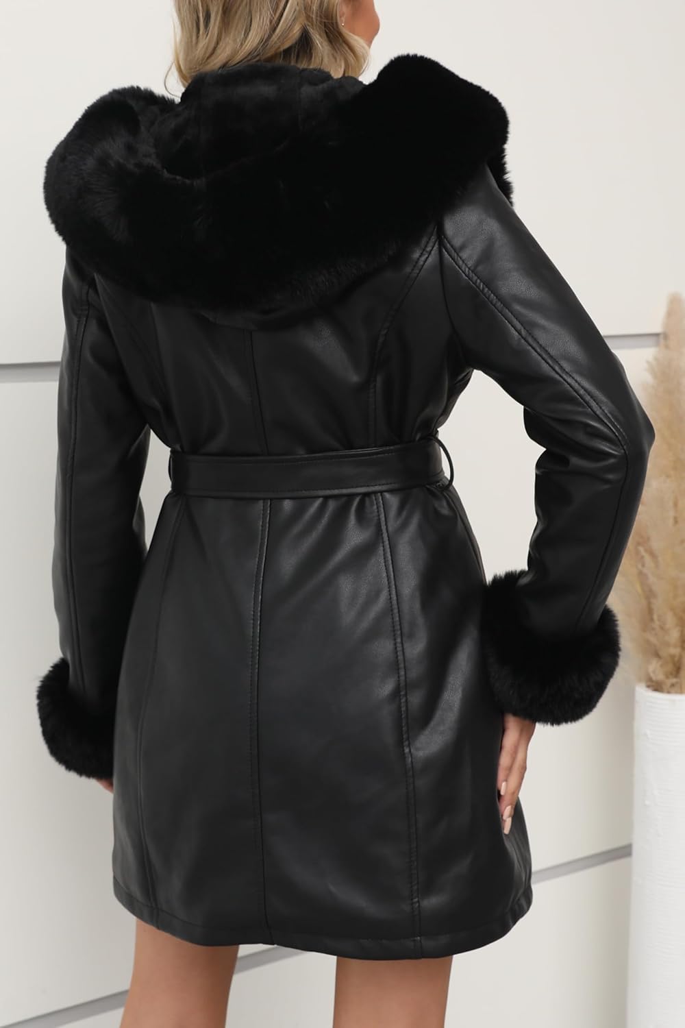 Bellivera Women's Wool Pea Coat Faux Fur Jacket Winter Warm Parka Overcoat with Belt - Image 5