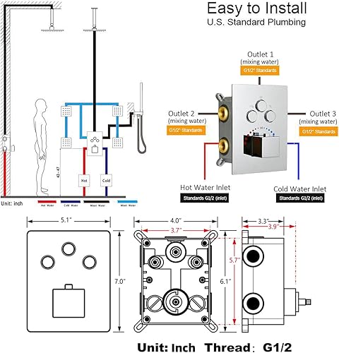 Miniatura 6 de Sistema de ducha cromado de 12 pulgadas, juego de grifo de ducha LED de lujo, accesorios completos montados en la pared, sistema de ducha