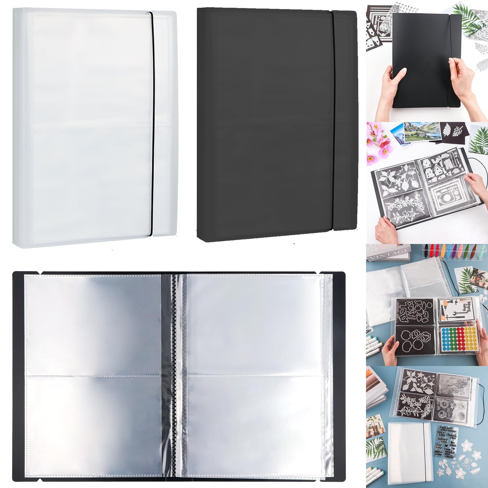 2 Pack Large Sticker Photo Storage Album, Stamp &amp; Cutting Dies Storage Book Organizer Folder for Cards Storage DIY Scrapbooking Card Making Supplies 20 Pages 80 Pockets/Pack (Clear + Black)