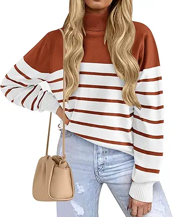 KIRUNDO Women's 2023 Fall Winter Turtleneck Knitted Sweater Long Sleeve Striped Color Block Loose Ribbed Pullover Tops