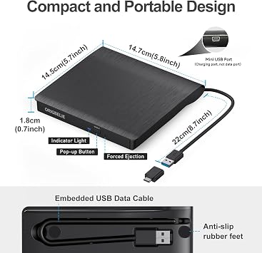 ORIGBELIE External CD/DVD Drive for Laptop, USB DVD Burner & Carrying Case