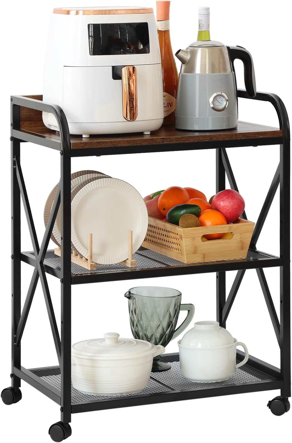 KATHY&BOB Rolling Kitchen Microwave Cart, 3 Tier Microwave Table Stand with Storage, Kitchen Utility Carts on Lockable Wheels, Small Coffee Cart Shelf Rack Organizer for Living Room Office Balcony