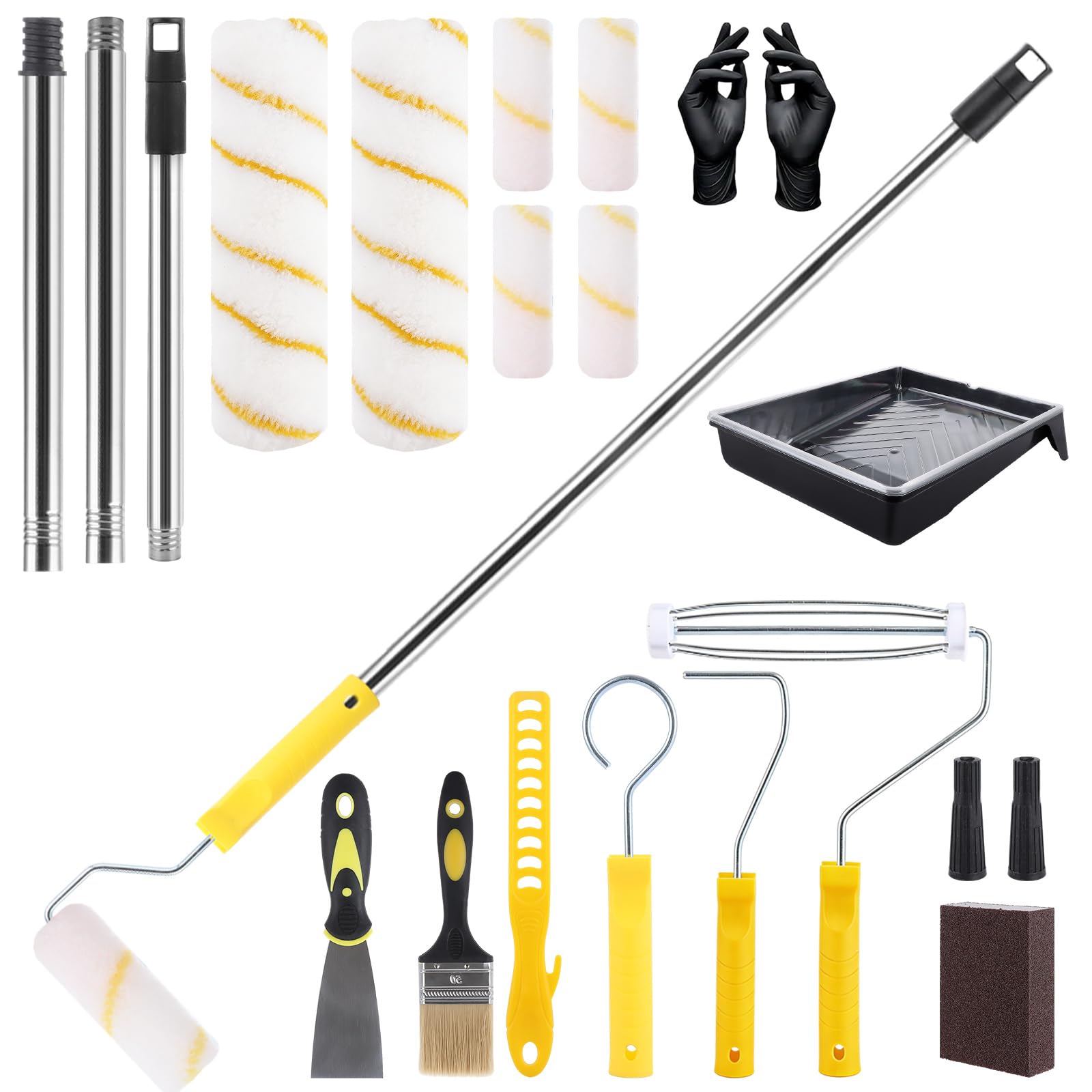 APACALI Lot de 18 rouleaux de peinture et plateaux avec manche d'extension, pinceaux et rouleaux pour peindre les murs, plafonds, portes, jaune