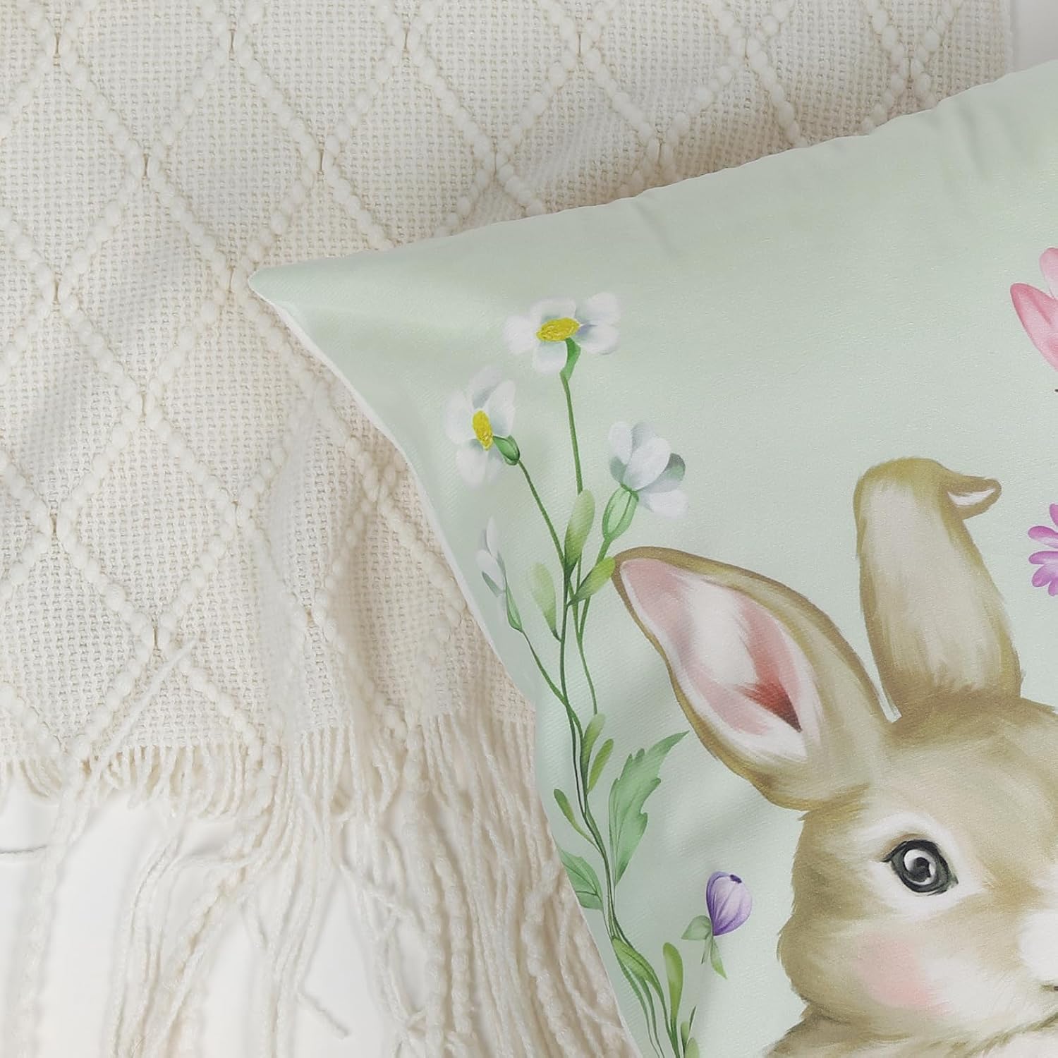 Bonhause Spring Bunny Easter Throw Pillow Covers 18 x 18 Inch Rabbits Floral Green Stripes Soft Velvet Decorative Pillow Cases for Couch Sofa Bed Home Easter Decor Set of 4 image 4