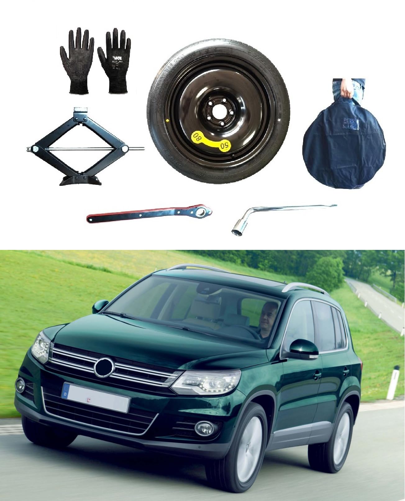 Kit de Rueda de Repuesto 18" compatible con Volkswagen Tiguan con Gata, Llave, Guantes y Funda145/80R18