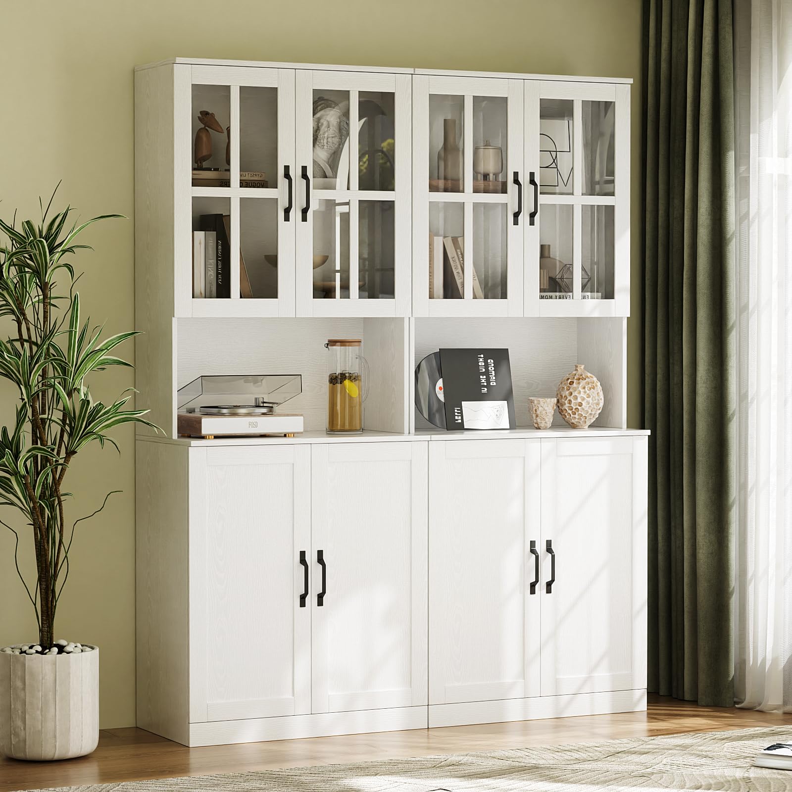 VOWNER Bücherregal mit Glastüren und offenem Fach, 180 cm Hochschrank, 5 Ebenen Bücherschrank, Standregal Vitrinenschrank, Buffetschrank mit Arbeitsplatte, 60x40x180 cm, für Wohnzimmer, Büro (3PCS)