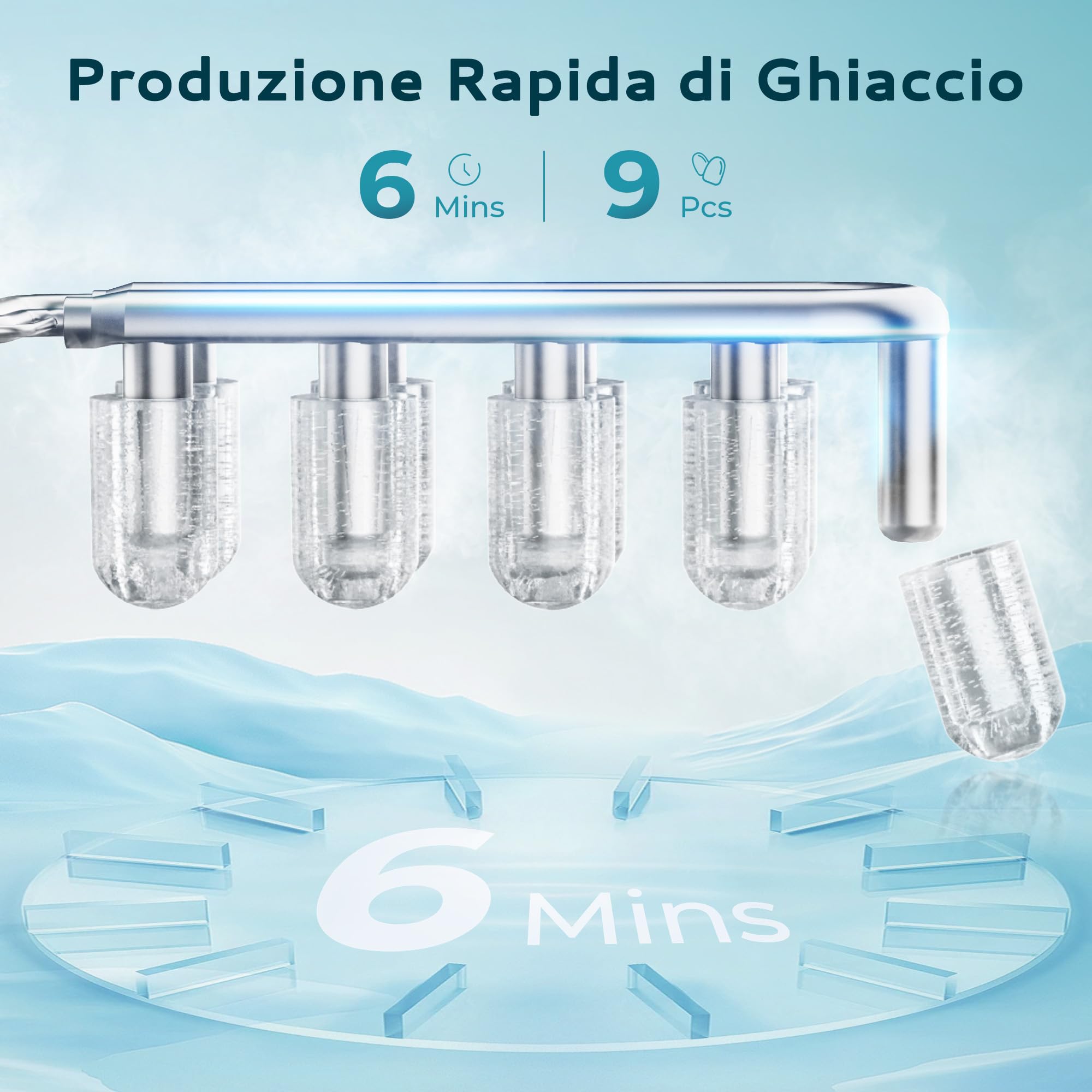 EUHOMY Macchina per il Ghiaccio: 9 Cubetti in 6 Minuti, Macchina del Ghiaccio Casa Autopulente, 2 Dimensioni di Ghiaccio,12KG/24H con Maniglia/Paletta/Cestello, Acciaio Inossidabile