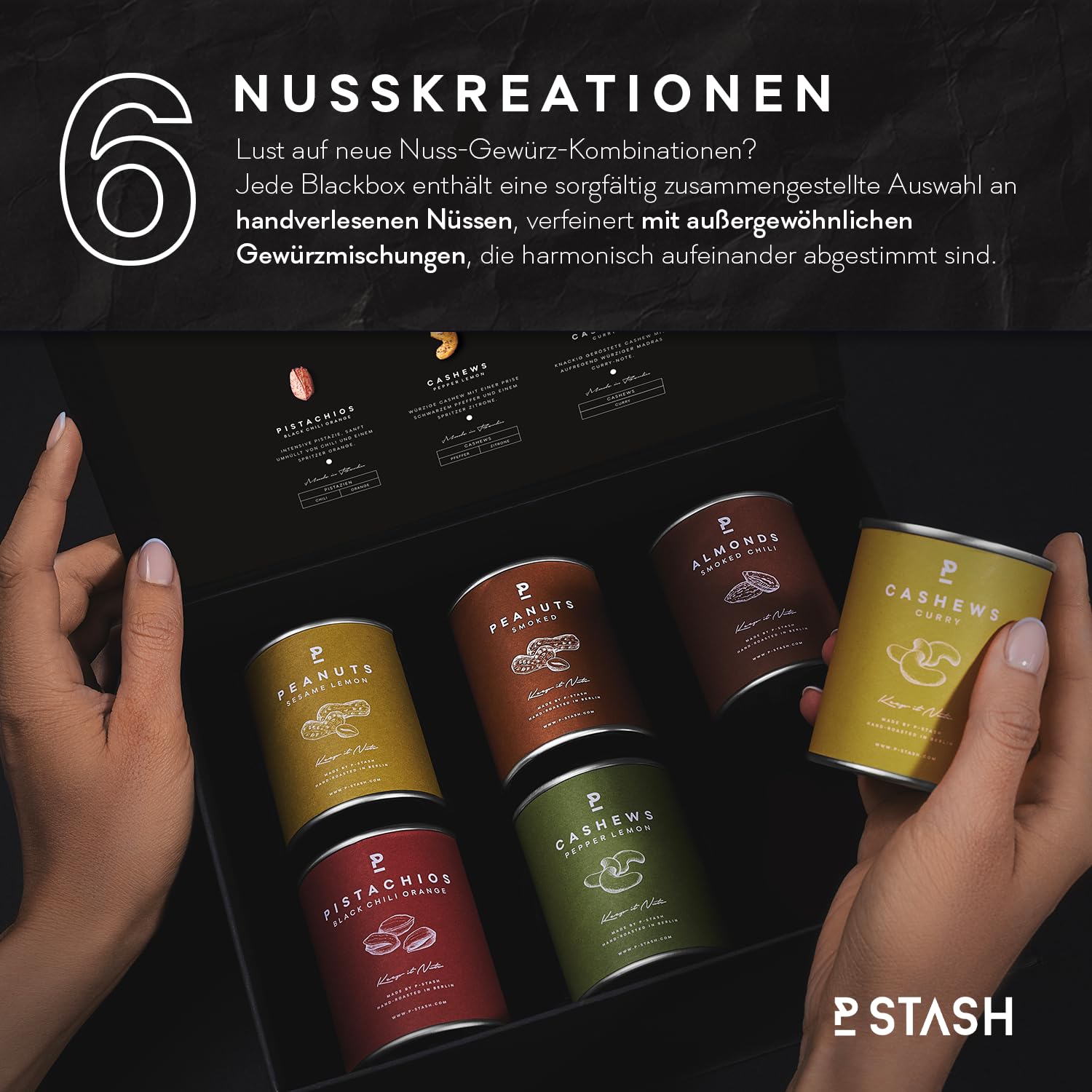P-Stash Black Box Nussmischung - 6er Box Nüsse Mix - Cashews, Mandeln, Pistazien & Erdnüsse - Mixed Nuts mit einzigartigen Gewürzkombinationen, handgeröstet in Berlin (6er Box, Spicy Adventure)