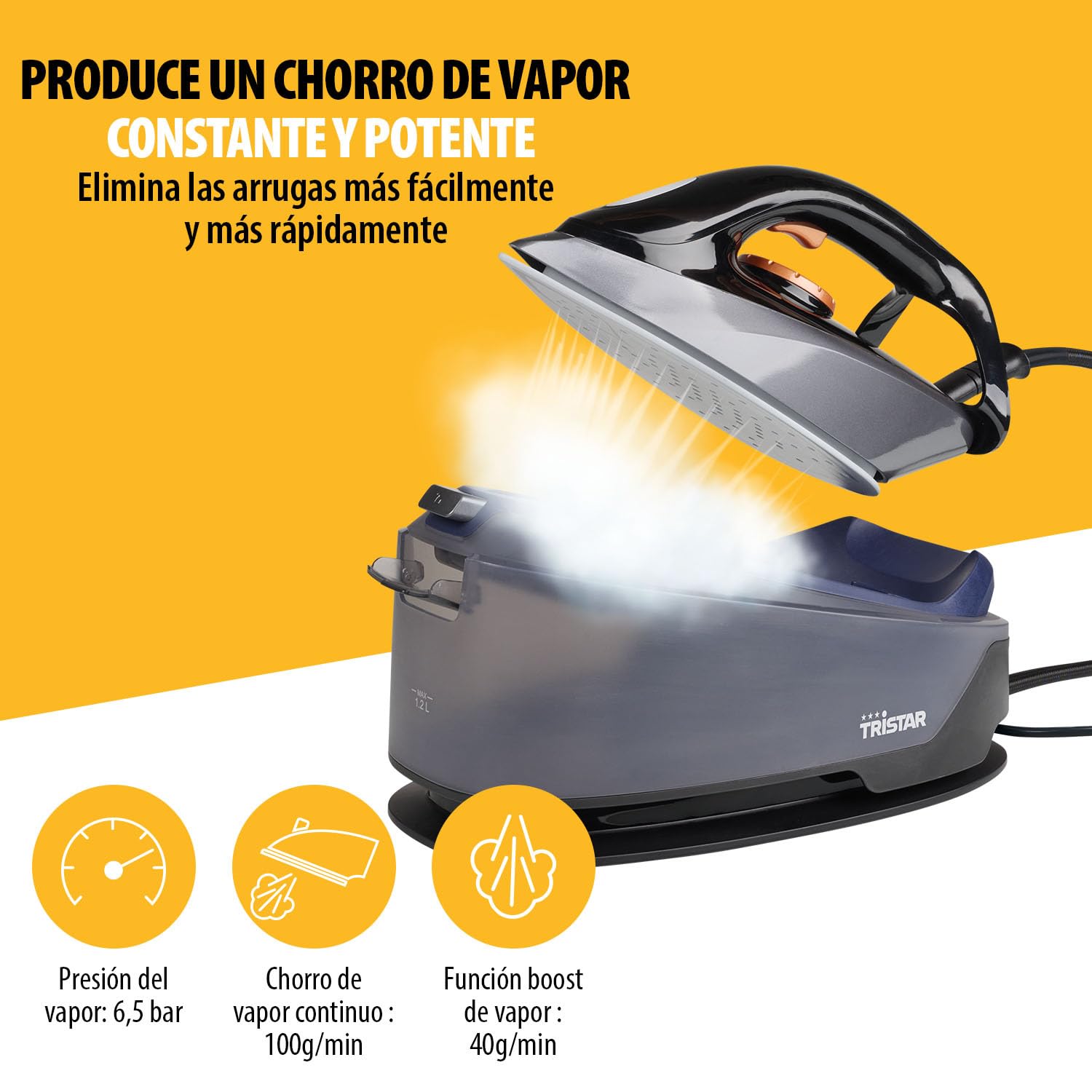 Tristar Centro de planchado, 6,5 bares de presión, Depósito de 1,2L, Suela de Cerámica, Sistema Antical, Apagado Automático, Almacenamiento de Cable, 2200W, ST-8930
