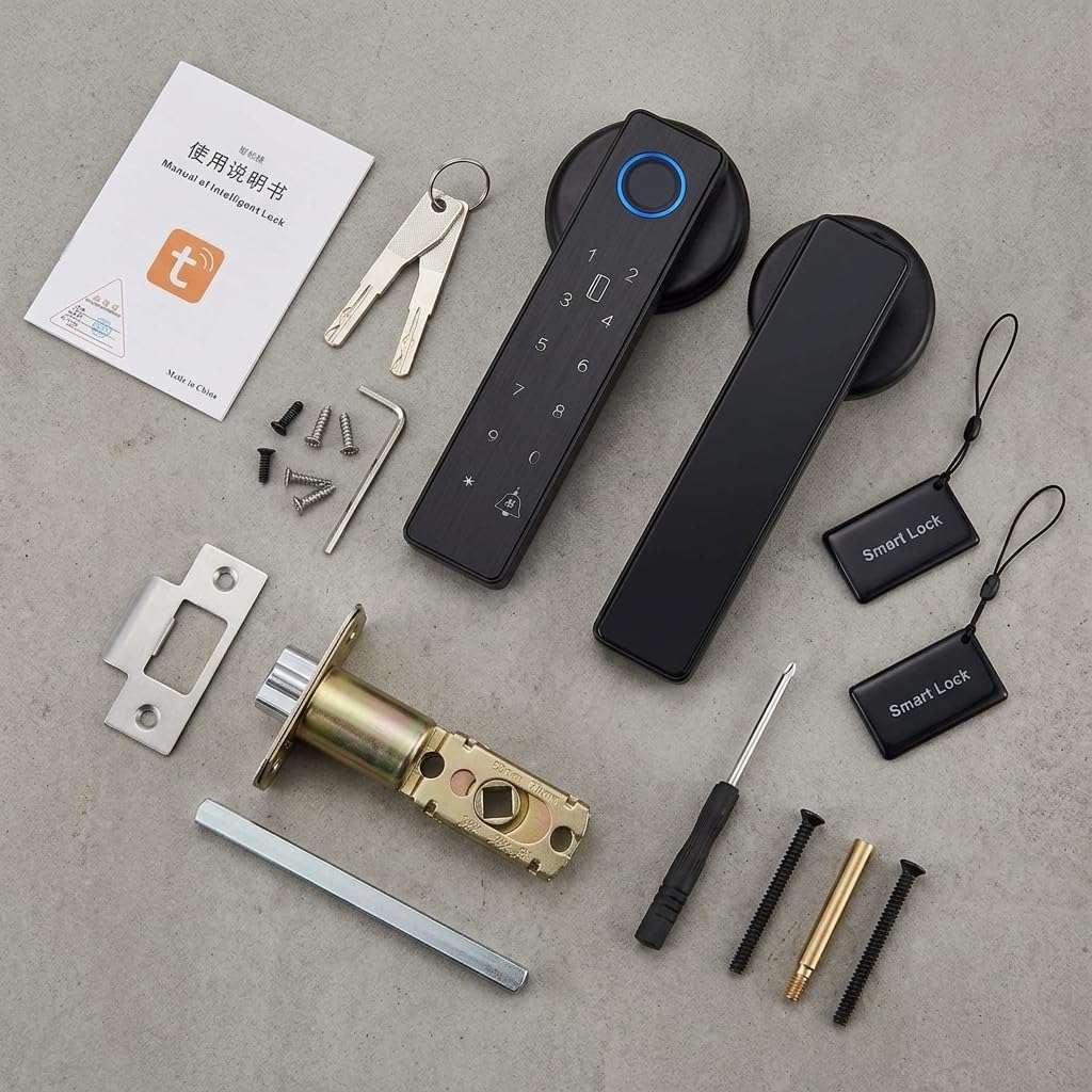 Serrure intelligente à empreintes digitales, 5 modes d'accès : empreinte digitale, code PIN, carte IC, clé mécanique et pilotage par application. Convient aux appartements et bureaux.
