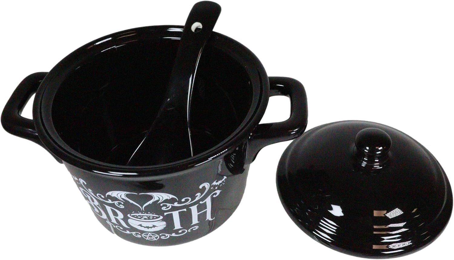 Ebros Gift Macabre Wicca Alchemy Witches And Magic Black Porcelain Crock Pot Shaped Bowl With Spoon And Lid Cereal Soup Serving Mugs Bowls Occult Witchcraft (Bat Cauldron Broth)