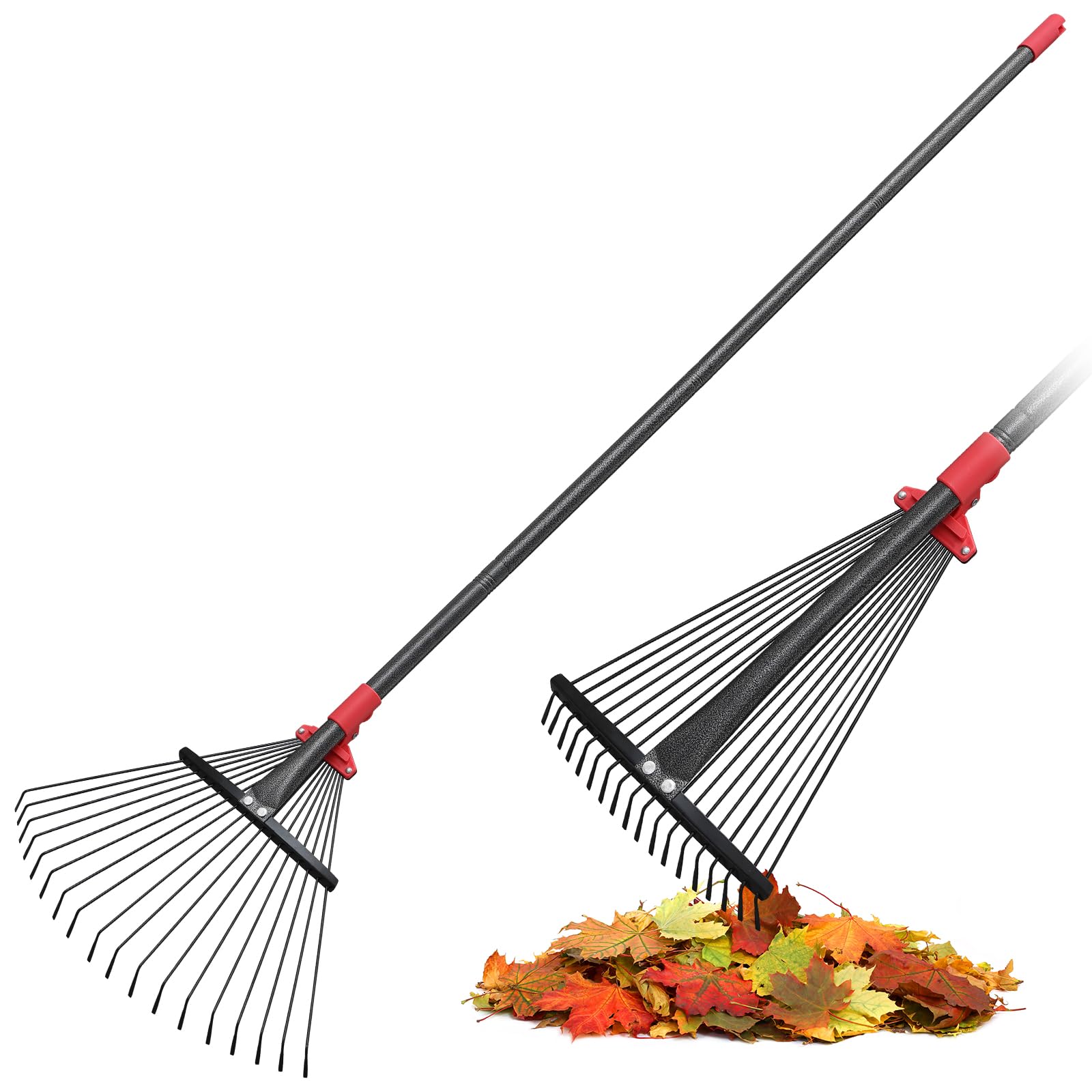 76 Inch Rake for Leaves, Adjustable 18 Metal Tines with Expandable Head Garden Rakes for Lawns Heavy Duty Metal Rake for Leaves Yard Gardening Grass Outdoor Debris