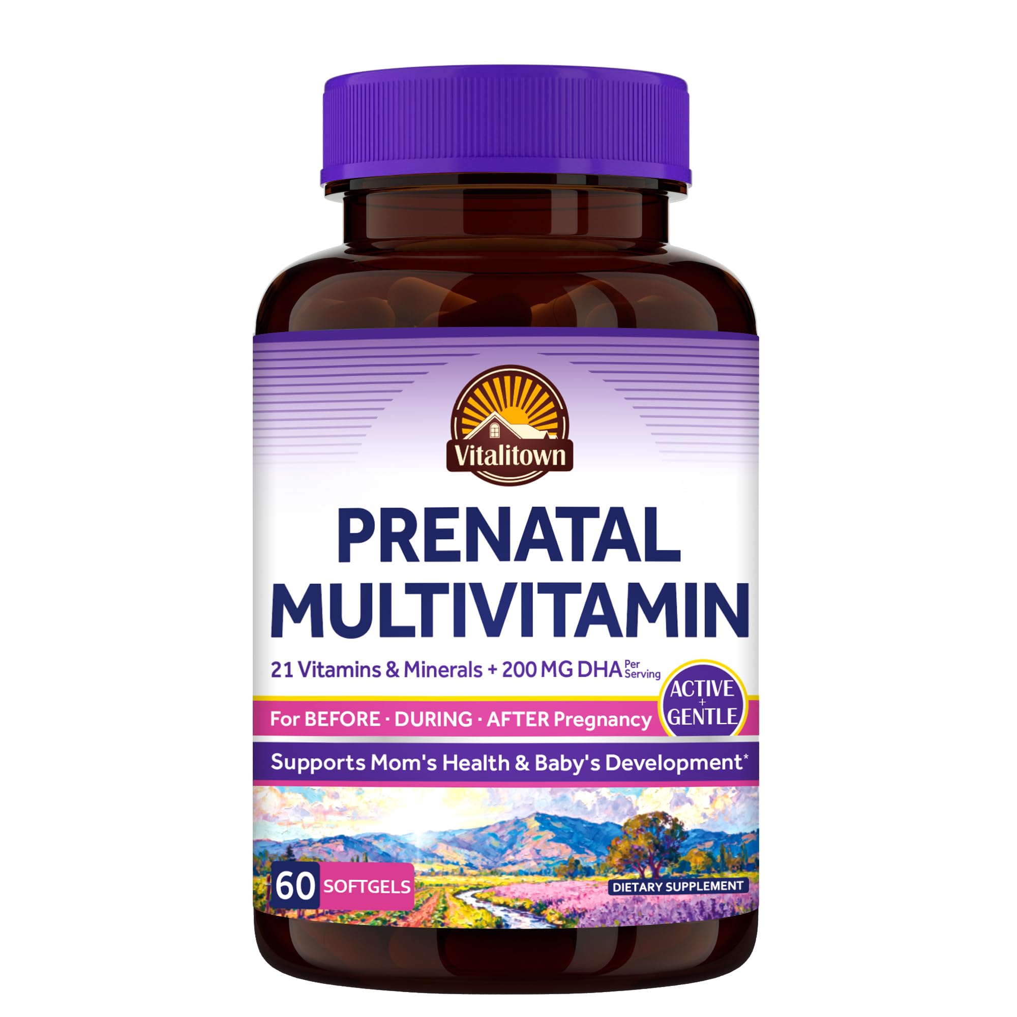 Vitalitown Prenatal Vitamins for Women, with Methylfolate, DHA & Choline, Healthy Growth and Brain Development, Supplement for Before, During, & Post Pregnancy, All Natural, 60 Softgels