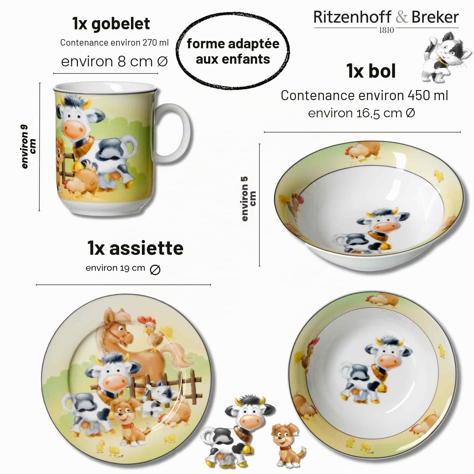 Ritzenhoff & Breker Vaisselle pour enfant 3 pièces animaux de la ferme - Gobelet pour enfant (270 ml), assiette (19 cm) et bol (450 ml) - Animaux de la ferme - Porcelaine - Multicolore