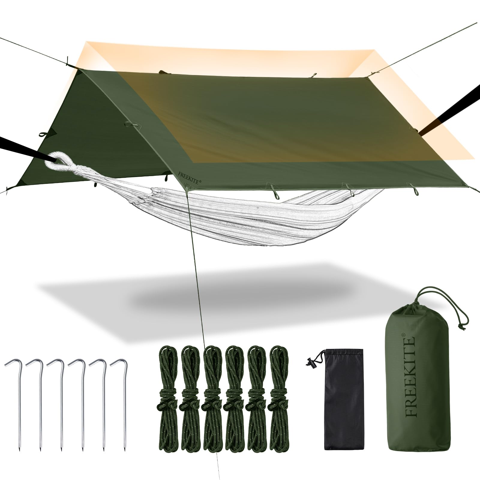 Camping Tarp Tent Portable Multifunctional Bushcraft Backpacking Tear-Resistant Fabric Rain Fly Tarps Awning Shelter Lightweight Waterproof Tarp(10×10 tarp)