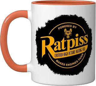 RatPiss High Octane Racing Fuel, Rat Rod Ceramic Mug, Orange/White