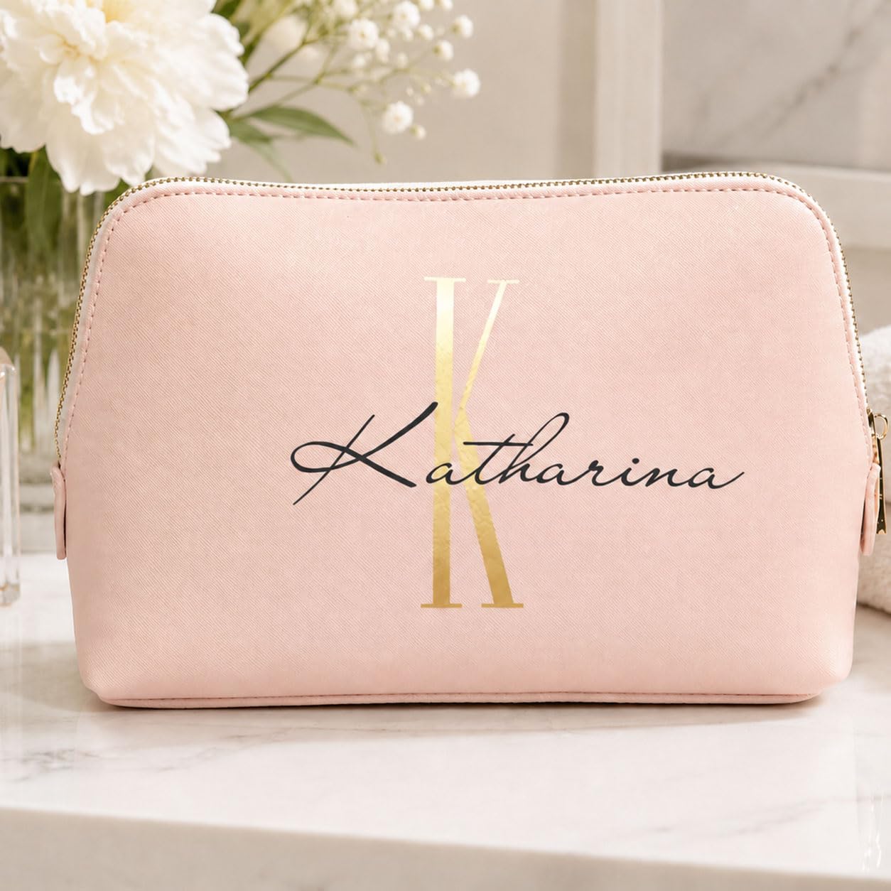 Kulturtasche mit Initiale und Namen, personalisierte Schminktasche, Beauty Bag in Zwei Größen, Kosmetiktasche mit Wunschnamen (Große Tasche - L)