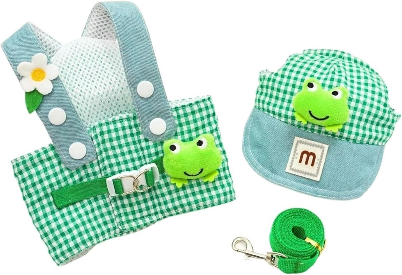 Three-piece Set Duck Frog Spring and Summer Pet Chest Harness Traction Rope Set - Breathable Fabric - Compatible with Cats & Puppies - Suita(Green,M)